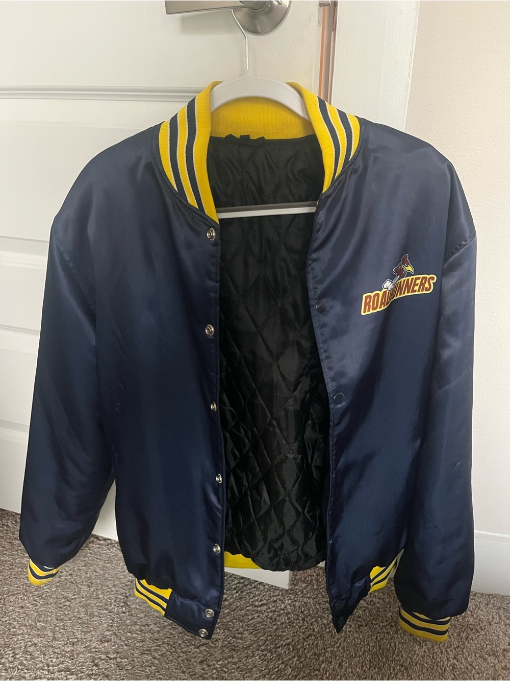 Roadrunners Navy Satin Varsity Jacket with Yellow Trim